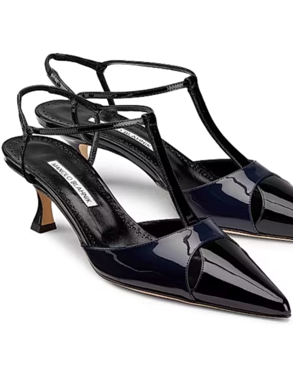 NEW Manolo Blahnik Black & Navy Patent Leather Pointed Toe Slingback Heels